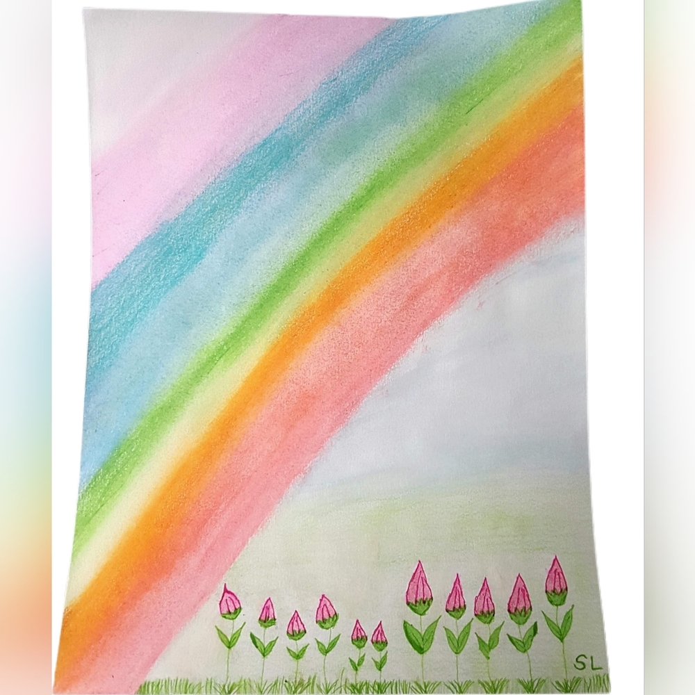 Original rainbow and flowers drawing